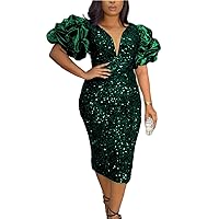 Women's Sexy V-Neck Sequin Dress Bodycon Long Dress Cocktail Party Mermaid Prom Gown
