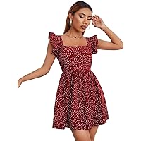 Women's Dress Polka Dot Ruffle Trim Shirred Bodice Dress Dress for Women IVIYE