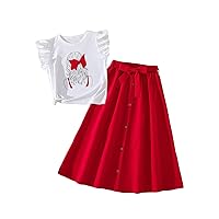 SHENHE Girl's 2 Piece Outfits Graphic Cap Sleeve Button Up T Shirt and Long Skirt Set