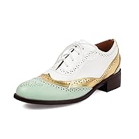 Women Mixed Color Patchwork Long Wingtip Perforated Trims Brogue Shoes