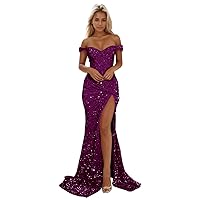 Women's Mermaid Off Shoulder Long Prom Dresses Sparkly Sequin Formal Evening Party Gown with Slit