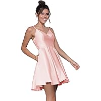 Women's Short Homecoming Dresses for Teens 2023 with Pockets Spaghetti Strap V Neck Satin Prom Formal Ball Gown R038