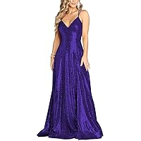 Spaghetti Straps Sequin Prom Dresses for Women 2024 Sparkly Long A-Line Formal Ball Gowns with Slit