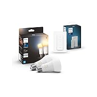 Smart Bundle: 2-Pack White A19 Bluetooth + V2 Dimmer Switch (Hue Hub Optional, Compatible with Alexa, Google Assistant)