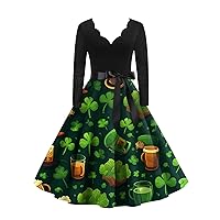 Spring Dresses for Women, Vintage Classic Dress Long Sleeve St. Patrick's Day Print V-Neck Swing Dress Bodycon Maxi Women Witchy Clothes Boho Wedding Womens Dresses Clothes (L, Army Green)
