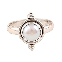 NOVICA Artisan Handmade Cultured Freshwater Pearl Singlestone Ring Luminous White .925 Sterling Silver India Bridal Birthstone 'Moon Memory'