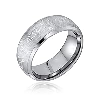 Bling Jewelry Religious Ichthys Jesus Fish Catholic Cross Couples Titanium Wedding Band Rings for Men for Women Matte Silver Tone 8MM