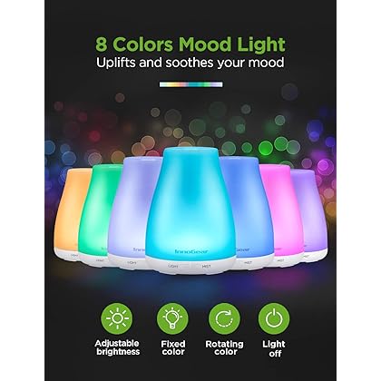 InnoGear Essential Oil Diffuser, Upgraded Diffusers for Essential Oils Aromatherapy Diffuser Cool Mist Humidifier with 7 Colors Lights 2 Mist Mode Waterless Auto Off for Home Office Room, Basic White