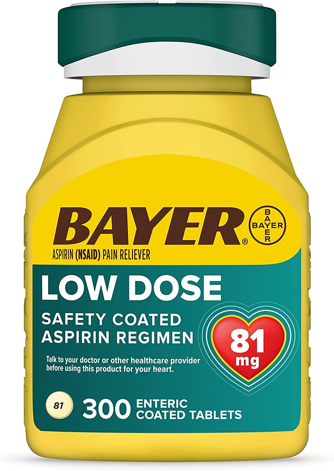 Bayer Enteric Coated Aspirin 81mg Tablets, Safety Coated Low Dose Aspirin Regimen forSecondary Heart Attack and Ischemic Stroke Prevention and Pain Relief - 300 Count