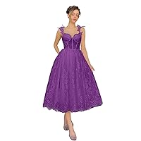 Maxianever Plus Size Lace Tulle Long Prom Dresses Spaghetti Straps Flower Women’s Wedding Gowns Tea Length Corset Purple US26W
