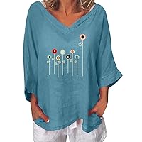Womens Cute Floral Tee Shirts Oversized Cotton Linen Tunic Tops Summer 3/4 Sleeve V Neck Casual Loose Fit Blouses
