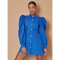 Women Dresses Puff Sleeve Belted Shirt Dress (Color : Royal Blue, Size : Small)