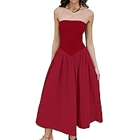Women Off Shoulder Midi Dress Strapless Sleeveless Drop-Waist A Line Tube Dress Trendy Summer Swing Patchwork Dress