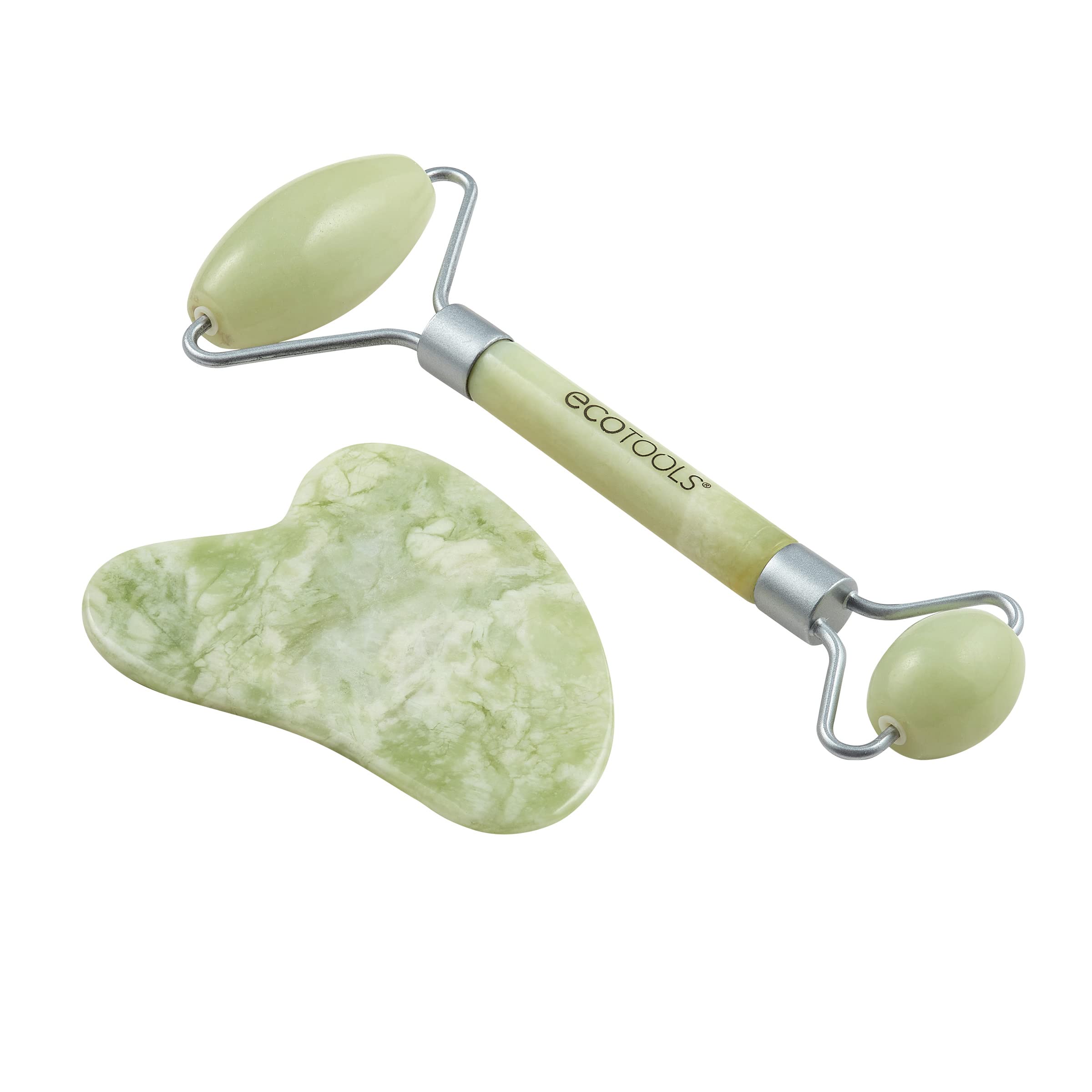 EcoTools Beauty Skin Care Tool Jade Facial Roller and Gua Sha Stone Duo, Face Roller and Massager, Skincare and Sculpting Tools, Green, Promotes Healthy Skin, Massager, 2 Piece Set, 1 Count