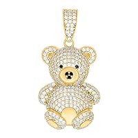 10k Yellow Gold Mens Black White CZ Cubic Zirconia Simulated Diamond Teddy Bear Charm Pendant Necklace Jewelry for Men