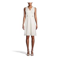 Anne Klein Womens Ivory Zippered Textured Tab Detail Waist Sleeveless V Neck Above The Knee Wear to Work Fit + Flare Dress 2
