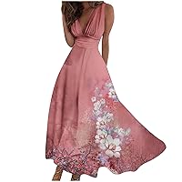Lenago Summer Dresses for Women 2024, Sleeveless Wrap V Neck Elegant Maxi Dress, Cute Floral Print Beach Casual Sundresses