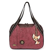 CHALA Handbag Shoulder Purse Tote Bag with Animal Purse Charm (835GY) (Burgundy Chihuahua)