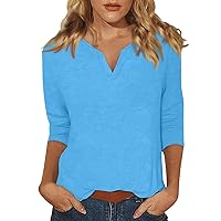Womens Cute Tops Trendy 3/4 Sleeve Tops for Women Plus Size 3/4 Sleeve V Neck Cute Shirts Casual Print Trendy Tops Three Guarter Length T Shirt Summer Pullover 03-Cyan X-Large