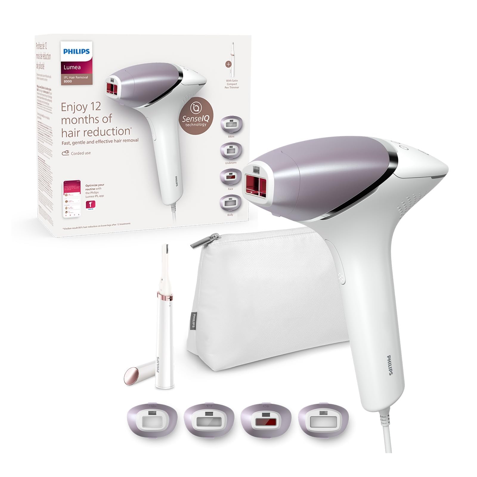 PHILIPS Lumea Prestige IPL Hair Removal Device with SmartSkin Sensor, 4 Intelligent Attachments for Underarms, Bikini, Body and Face Plus Satin Compact Pen Trimmer, BRI949/00, White, (Pack of 1)