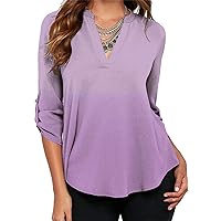 EFOFEI Womens Long Cuffed Sleeve Casual Ombre Notch V Neck Chiffon Solid Color Blouse