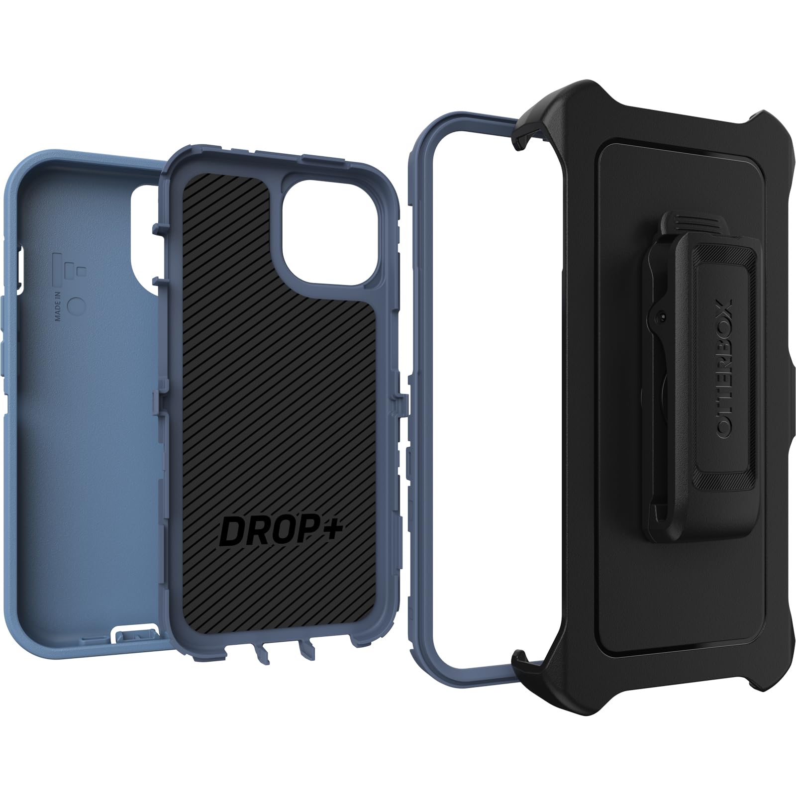 OtterBox iPhone 15, iPhone 14, and iPhone 13 Defender Series Case - BABY BLUE JEANS (Blue), screenless, rugged & durable, with port protection, includes holster clip kickstand