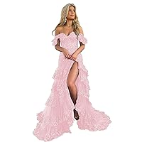 Glitter Applique Sexy Prom Dresses for Women 2024 Long Sliver Off Shoulder Tulle Formal Evening Party Gown with Slit