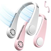 Odoland Portable Neck Fan with LED Display, 3600mAh Rechargeable Hands Free Bladeless Mini Fan, 4 Speed Adjustment Strong Wind Portable Fan for Traveling Office Camping, 2 Pack, White&Pink