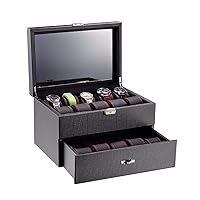 Watch Box Organizer for Men 20 Slot Wristwatch Display Case Organizer Carbon Fiber Design for Jewelry Watches Large Glass Top with Drawer