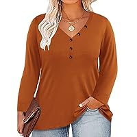 RITERA Plus Size Tops for Women Long Sleeve Shirt Button Down Tshirt V Neck Solid Tee Shirt Loose Casual Blouses Fall Pullover Brown 3XL