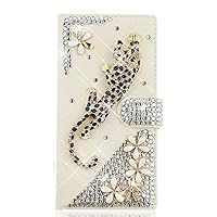 Crystal Wallet Phone Case Compatible with Google Pixel 6 - Leopard - White - 3D Handmade Sparkly Glitter Bling Leather Cover with Screen Protector & Neck Strip Lanyard