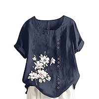 Plus Size Cotton Linen Shirts for Women Short Sleeve Summer Tops 2024 Loose Lightweight Crewneck Tees Dressy Casual Blouse