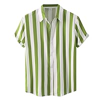 Mens Cotton Linen Hawaiian Shirts Regular Fit Button Down Blouse Tops Short Sleeve Striped Beach Bowling Shirts