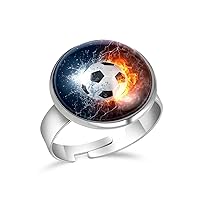 Fire and Water Football Adjustable Rings for Women Girls, Stainless Steel Open Finger Rings Jewelry Gifts