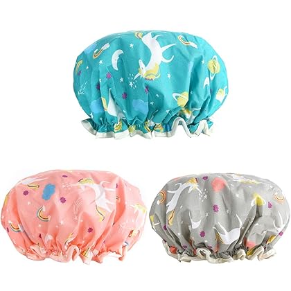 Shower Caps, 3 PACK Bath Cap for Women Waterproof & Adjustable Double Layered Shower Cap (Multi-colored6)