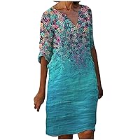 3/4 Sleeve Linen Dress for Women Summer Vintage Oil Painting Floral Printed Casual Sundress Notch V Neck Knee Length Dress