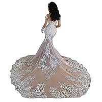 Women's High Neck Lace Beach Bridal Ball Gown Train Sequins Mermaid Wedding Dresses for Bride Long Sleeve
