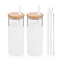 Moretoes 20oz Glass Tumbler with Lid and Straw, Iced Coffee Tumblers Bamboo Silicone Protective Sleeve, Glass Water Bottles for Coffee and Juice, Set of 2