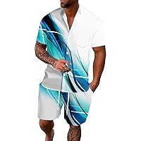 Mens Hawaiian Short Sleeve Shirt Suits 3D Print Geometric Pattern Suits 2PC Sets Button Down Shirts And Shorts Outfit