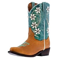 Kids Teal Western Cowboy Boots Flower Embroidery Leather Snip Toe