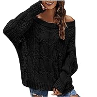 Women's Oversized Cable Knit Off Shoulder V Neck Chunky Long Sleeve Pullover Sweaters Loose Fitting Jumper Tops Black