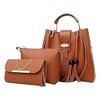 3PCS Womens Leather Handbag Set, Zipper Closure Purse+Handbag+ Satchel For Woman (Khaki)
