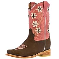Kids Pink Brown Western Cowboy Boots Floral Leather Square Toe