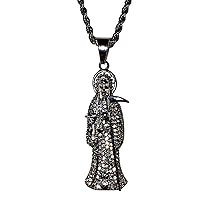 Iced Santa Muerte Men Women 14k White Gold Finish Pendant Stainless Steel Real 3 mm Rope Chain Necklace, Mens Jewelry, Iced Pendant, Rope Necklace Prime Delivery