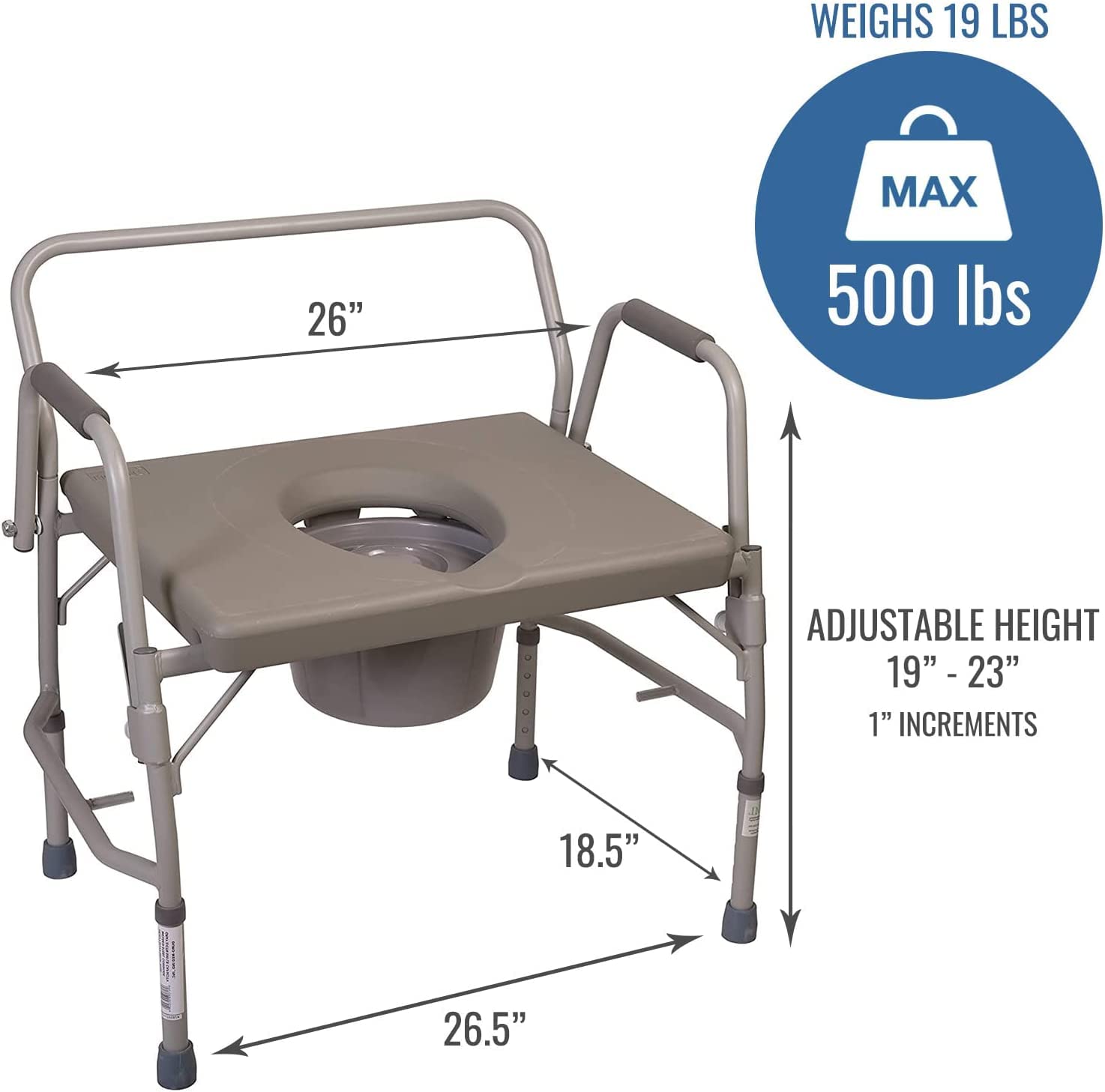 DMI Bedside Commode, Extra Wide Commode Chair, Bedside Toilet, Raised Toilet Seat with Handles, Holds up to 500 Pounds with Included 7 qt Commode Bucket, Adjustable from 19-23 Inches