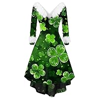 Women's Spring A-Line Dresses Fashion V Neck Casual Slim St Patrick's Day Printed Hairy Party Long Dresses, S-5XL
