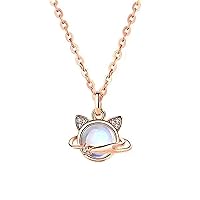 Bellitia Jewelry Platinum Plated 925 Sterling Silver Moonstone Pendant Necklace for Women, Cosmic Cat Motif Necklace with 45cm Adjustable Collarbone Chain for Her