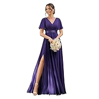 Women's Flutter Sleeves Bridesmaid Dresses 2024 Split Long Chiffon Pleated V Neck Formal Party Dress with Pockets DE03