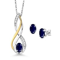 Gem Stone King 925 Sterling Silver and 10K Yellow Gold Blue Sapphire and White Lab Grown Diamond Pendant and Earrings Jewelry Set For Women (1.73 Cttw, Gemstone Birthstone, with 18 Inch Silver Chain)