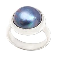 NOVICA Artisan Handmade Mabe Cultured Freshwater Pearl Solitaire Ring Fair Trade .925 Sterling Silver Dyed Blue Single Stone Indonesia Birthstone 'Blue Bubble Beauty'